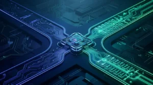 Abstract smart wallet with two diverging account-abstraction transaction paths in a futuristic crypto lab