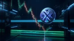 Abstract XRP market scene showing a sharp support break and a lower technical support zone
