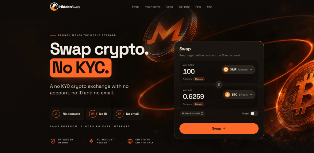 no kyc crypto exchange hiddenswap homepage