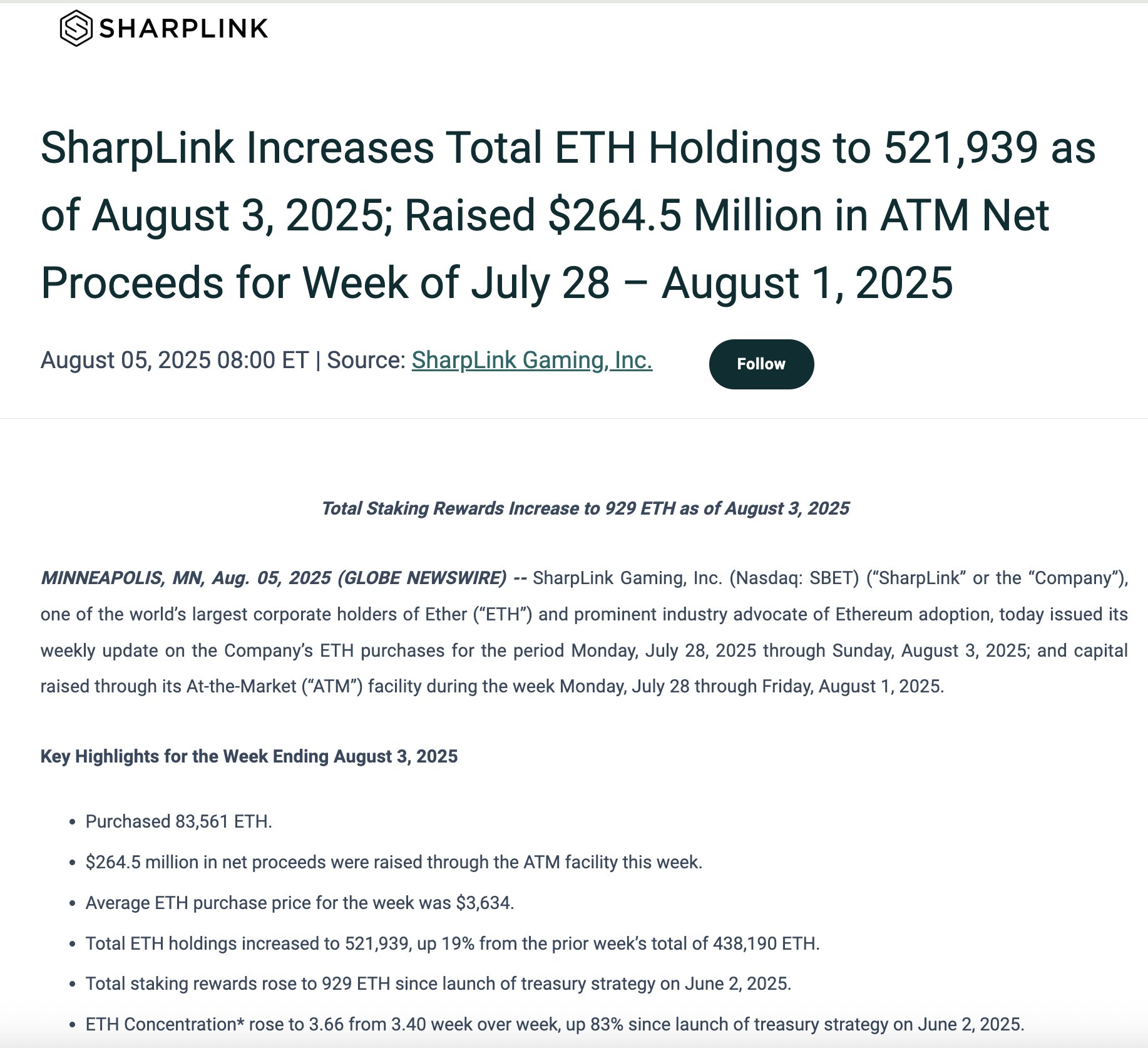 以太坊多头信号？SharpLink 斥资数百万大举增持ETH 储备