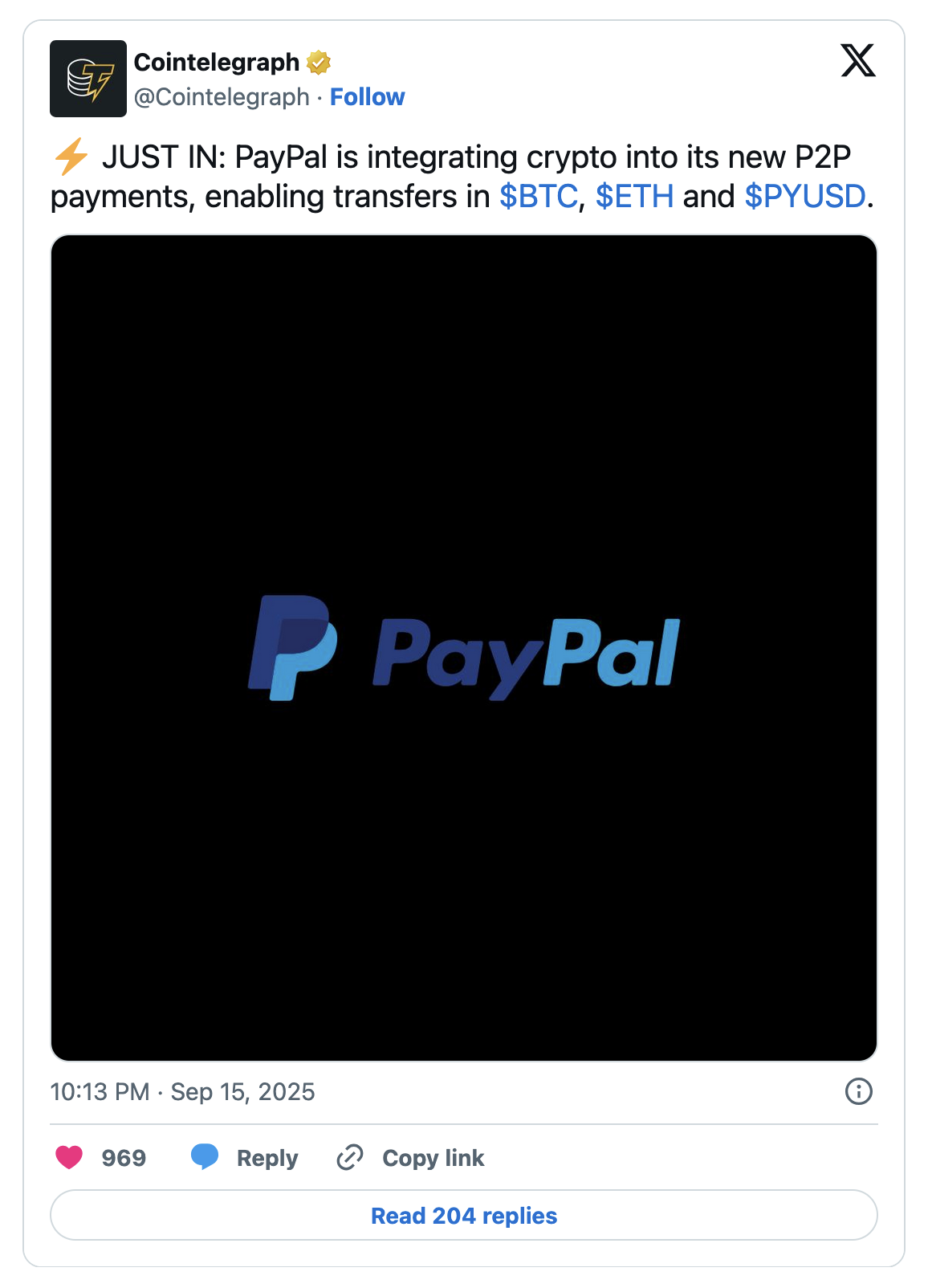 PayPal将比特币、以太坊及稳定币PYUSD 集成至点对点转账
