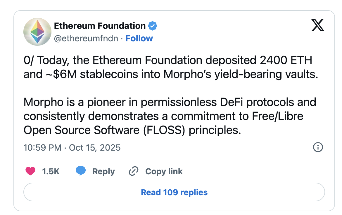 以太坊基金会在战略性财务调整中向DeFi协议Morpho拨款2100万美元