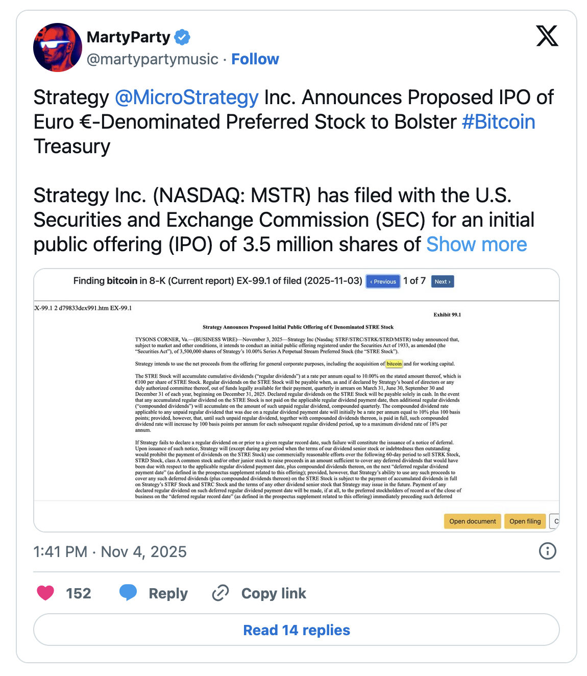 比特币价格：Strategy提交3.75亿欧元IPO申请扩大比特币购入规模