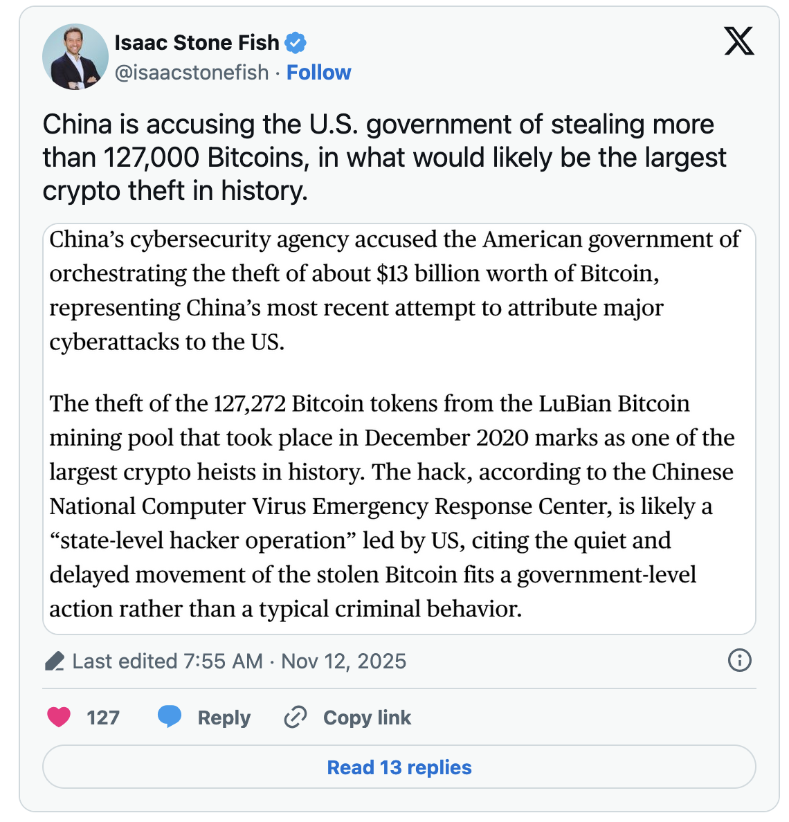 比特币价格预测：中国指控美国盗取130 亿美元比特币BTC价格应声下挫